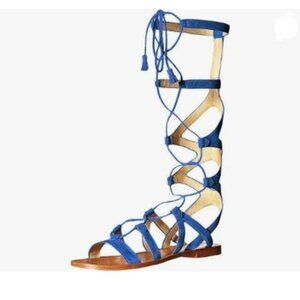 YDN Blue Knee High Lace up Flats Fringe Low Heel Gladiator Strap Sandals Shoe